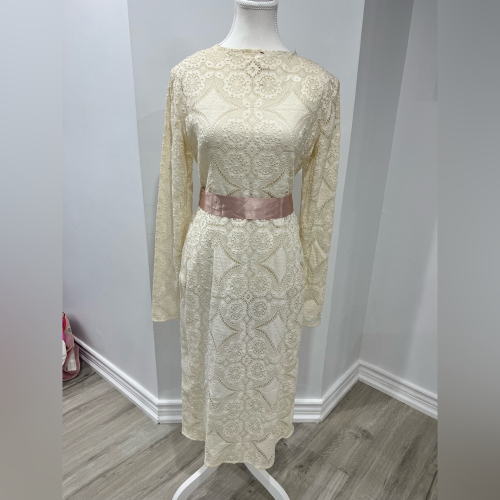 Vintage Dolce & Gabbana White Lace Dress with Pink Sash